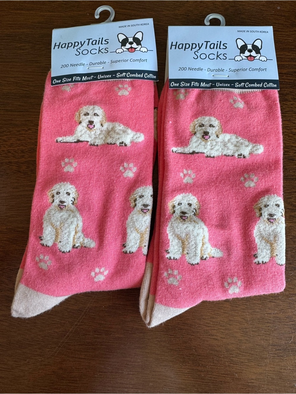 HappyTails Pink Golden Doodle Dog Pattern Socks Playful Paw Print Design Pairs